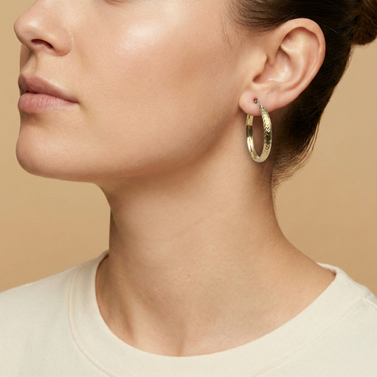 10K Yellow Gold Apex Weave Hoop Earrings worn - lifestyle image
