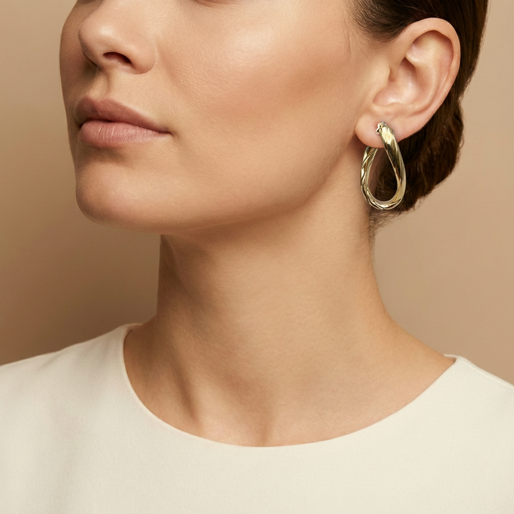 10K Yellow Gold Aqueous Twist Hoop Earrings worn - lifestyle image