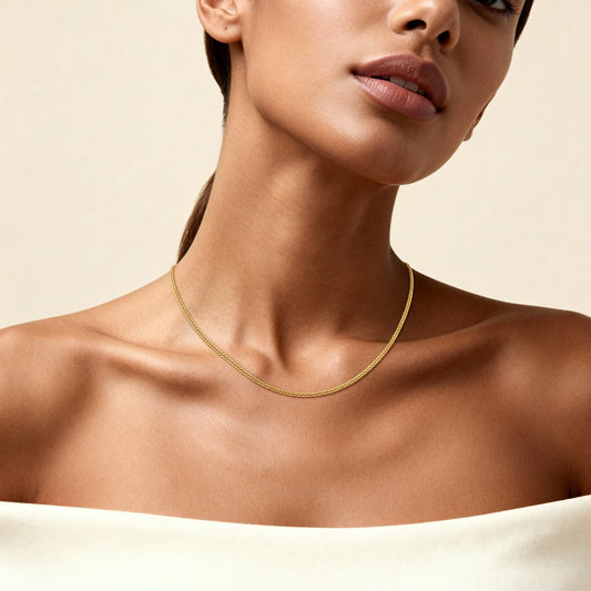 10K Yellow Gold Arbor Graceful Wheat Chain Necklace worn - lifestyle image
