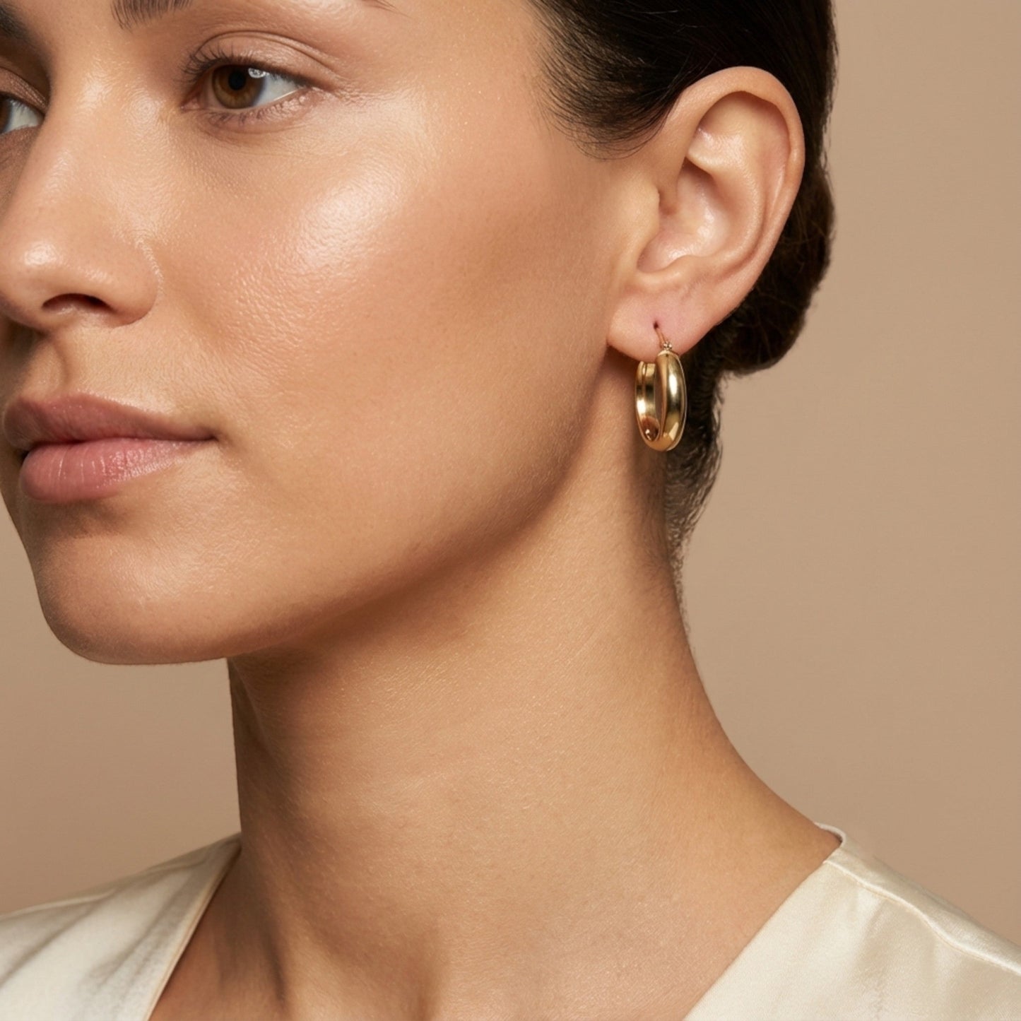 10K Yellow Gold Celeste Aura Hoop Earrings worn - lifestyle image