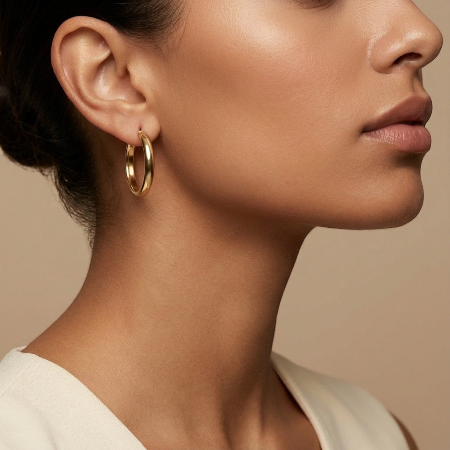 10K Yellow Gold Celeste Grace Hoop Earrings worn - lifestyle image