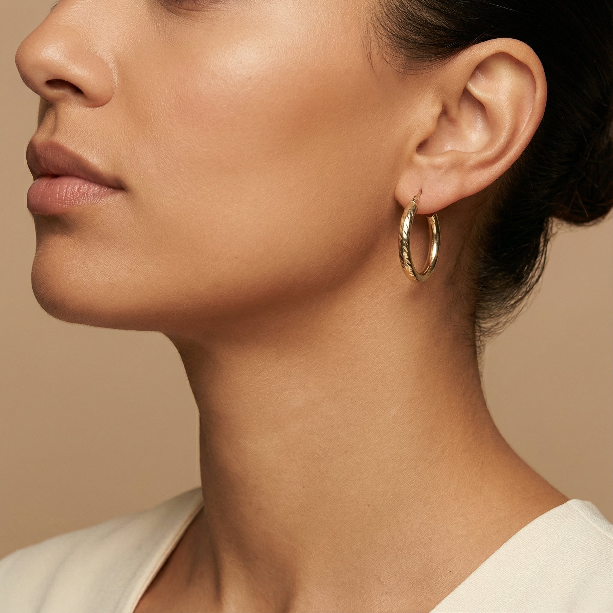 10K Yellow Gold Cosmo Aura Hoop Earrings worn - lifestyle image