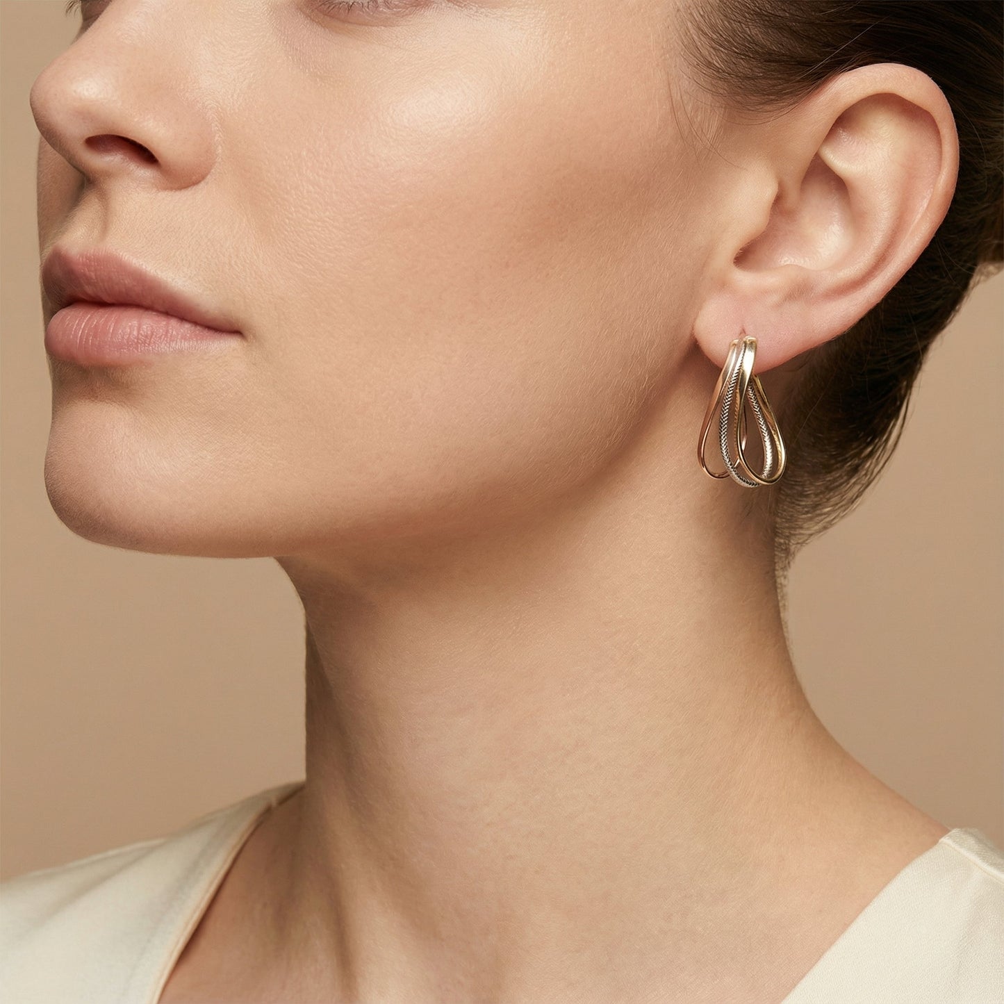 10K Yellow Gold Delta Weave Hoop Earrings worn - lifestyle image