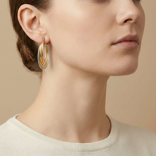 10K Yellow Gold Grandeur Strand Hoop Earrings worn - lifestyle image