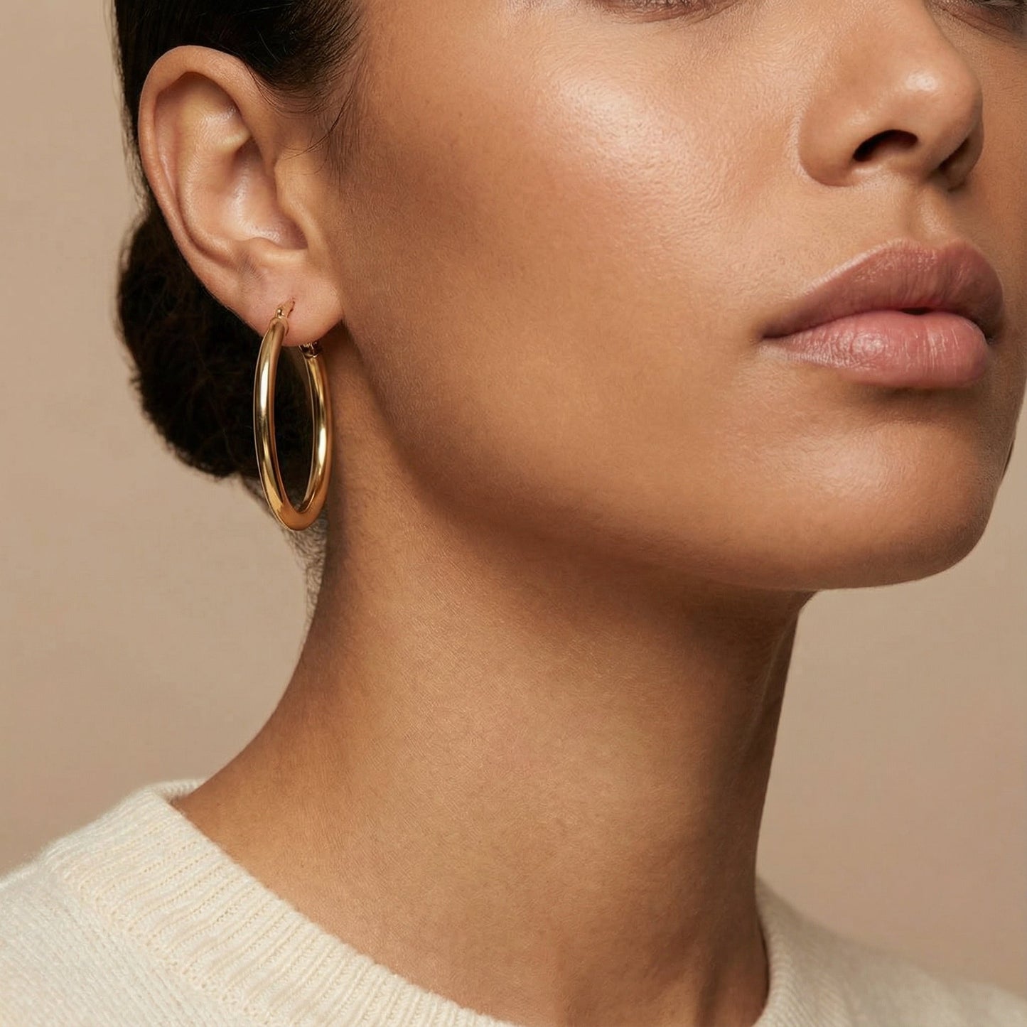 10K Yellow Gold Lumina Aura Hoop Earrings worn - lifestyle image