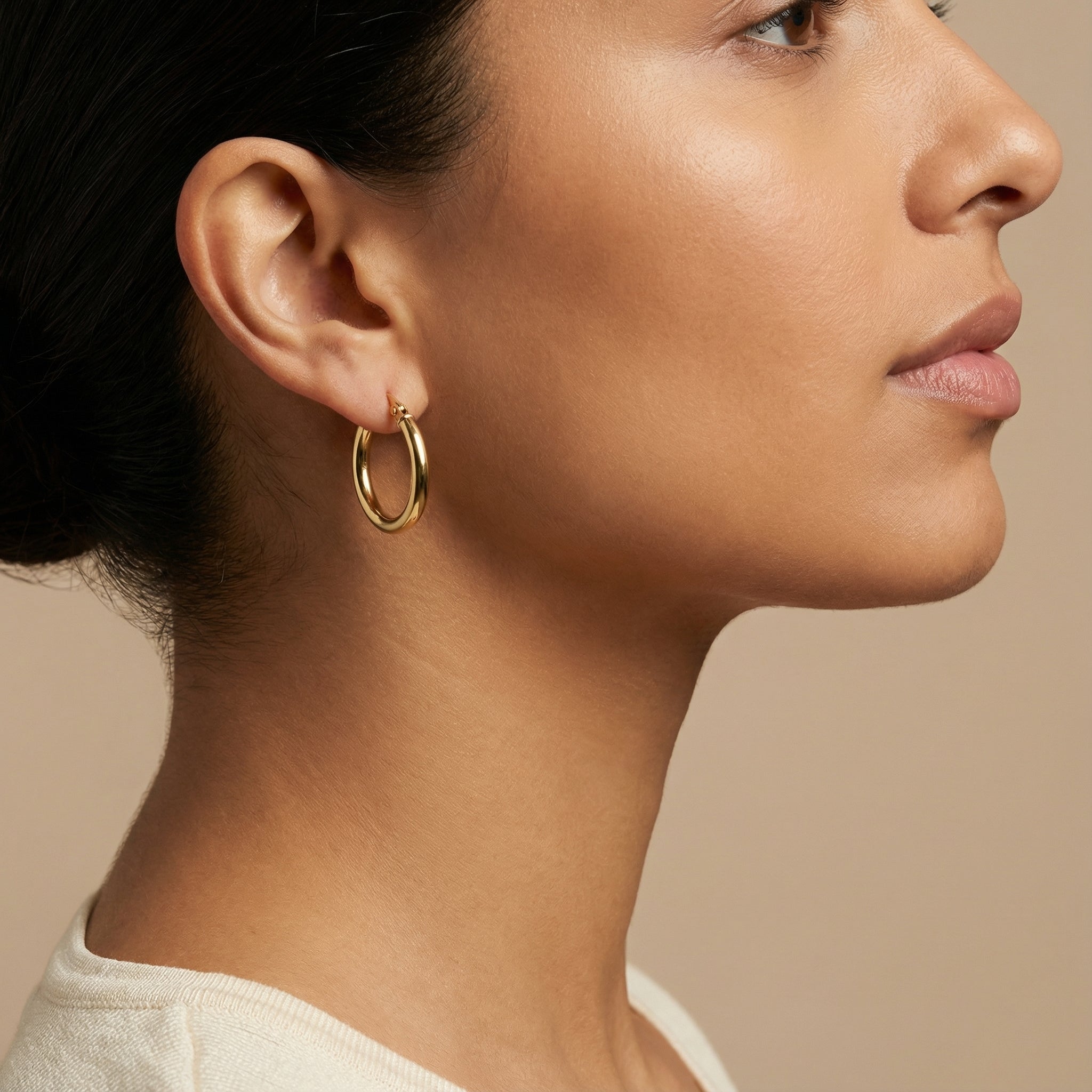 10K Yellow Gold Lumina Whisper Hoop Earrings worn - lifestyle image