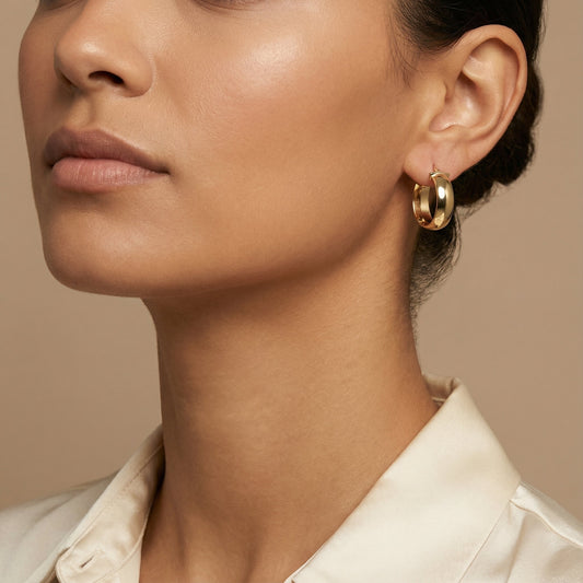 10K Yellow Gold Lustre Loop Hoop Earrings worn - lifestyle image