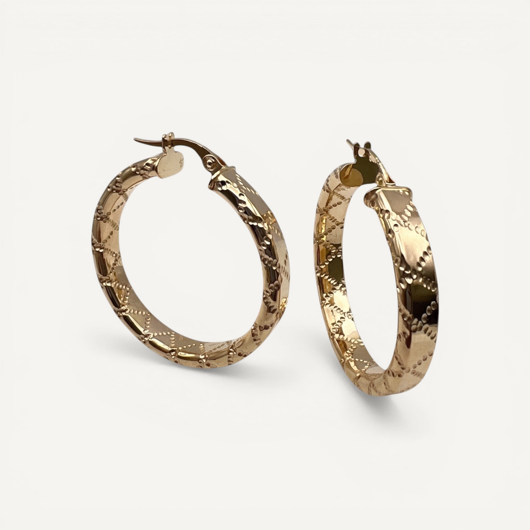 10K Yellow Gold Nexus Aura Hoop Earrings - intricate textured 30mm hoops