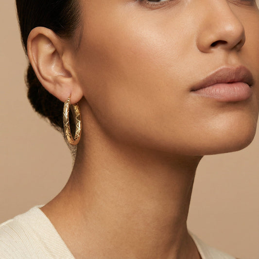 10K Yellow Gold Nexus Whisper Hoop Earrings worn - lifestyle image