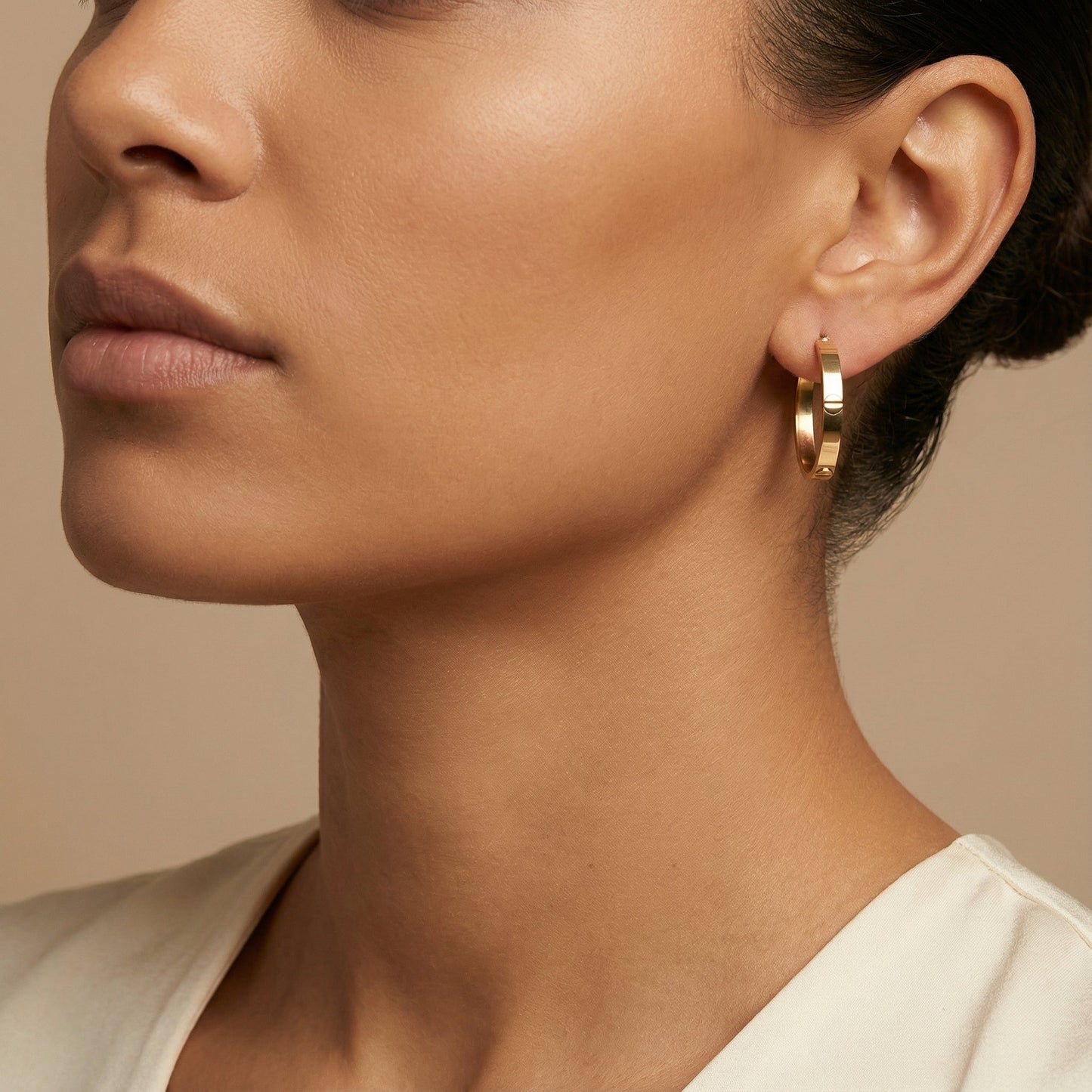 10K Yellow Gold Signum Whisper Hoop Earrings worn - lifestyle image