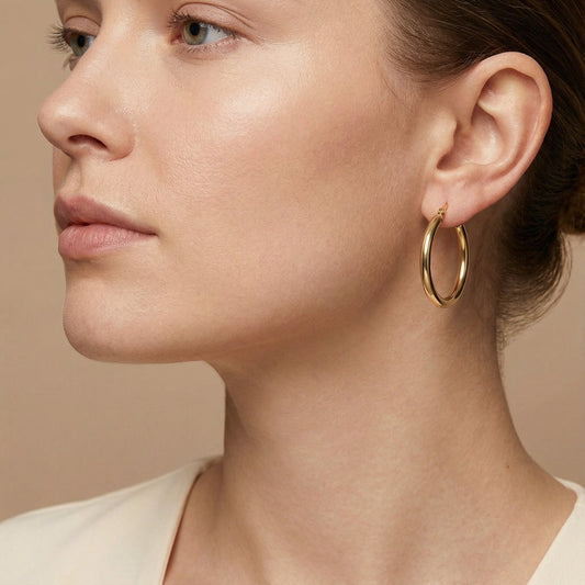 10K Yellow Gold Solara Aura Hoop Earrings worn - lifestyle image