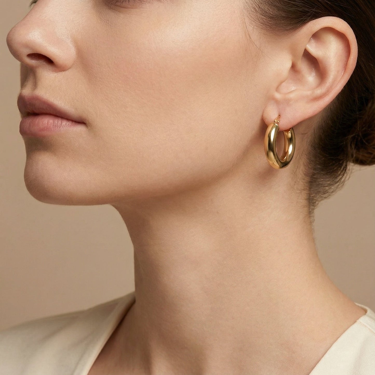 10K Yellow Gold Solara Dawn Hoop Earrings worn - lifestyle image