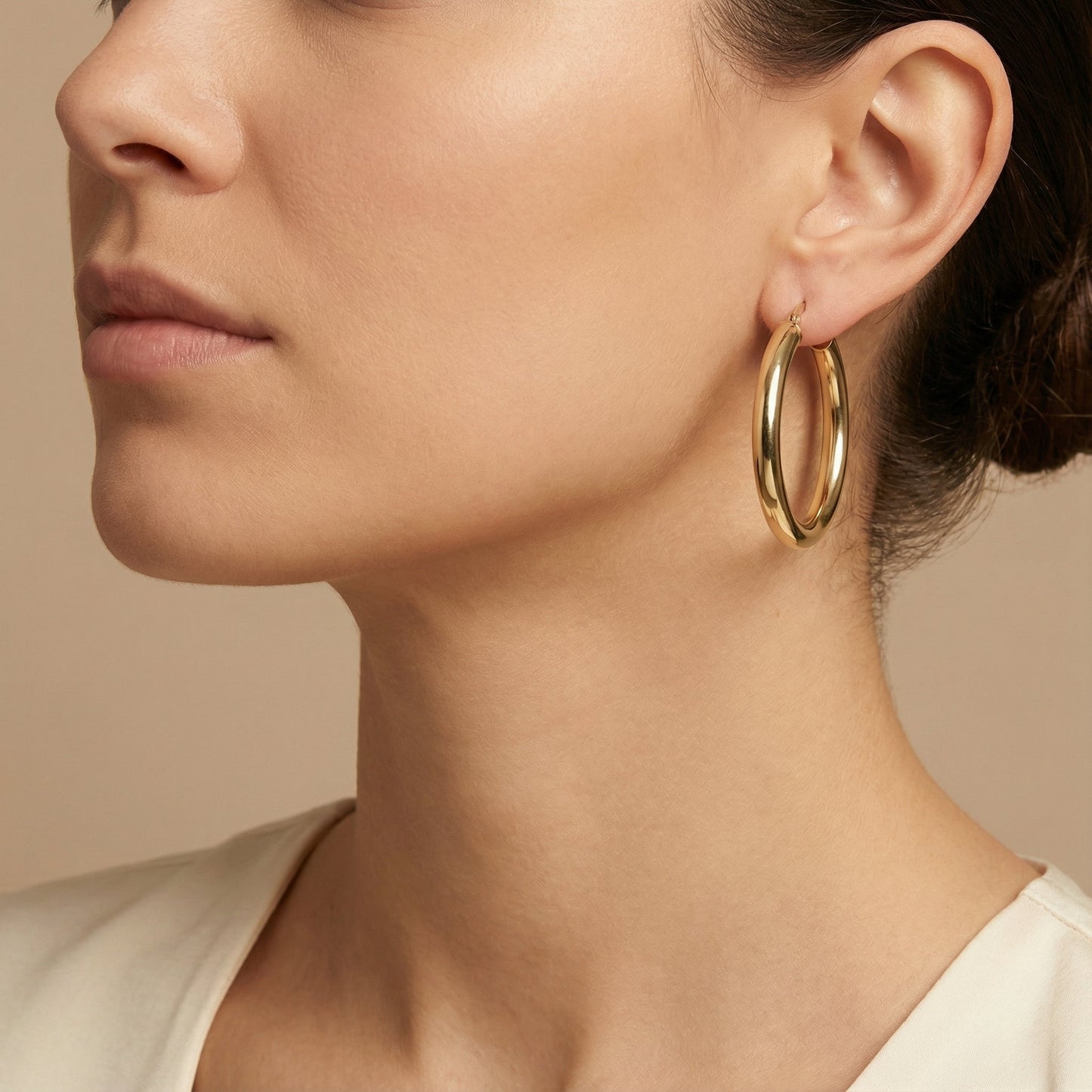 10K Yellow Gold Solara Horizon Hoop Earrings worn - lifestyle image