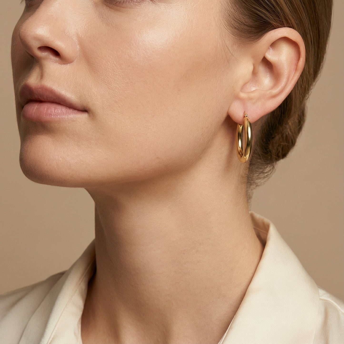10K Yellow Gold Solara Whisper Hoop Earrings worn - lifestyle image