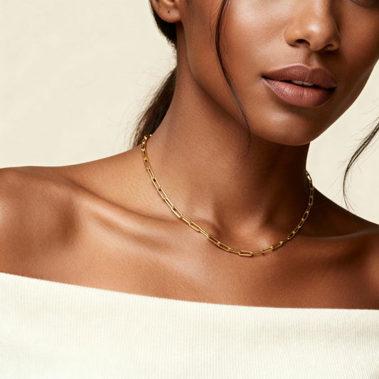 10K Yellow Gold Tempo Balanced Paperclip Chain Necklace worn - lifestyle image