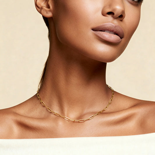 10K Yellow Gold Tempo Essential Paperclip Chain Necklace worn - lifestyle image