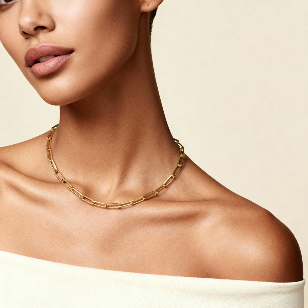 10K Yellow Gold Tempo Prominent Paperclip Chain Necklace worn - lifestyle image