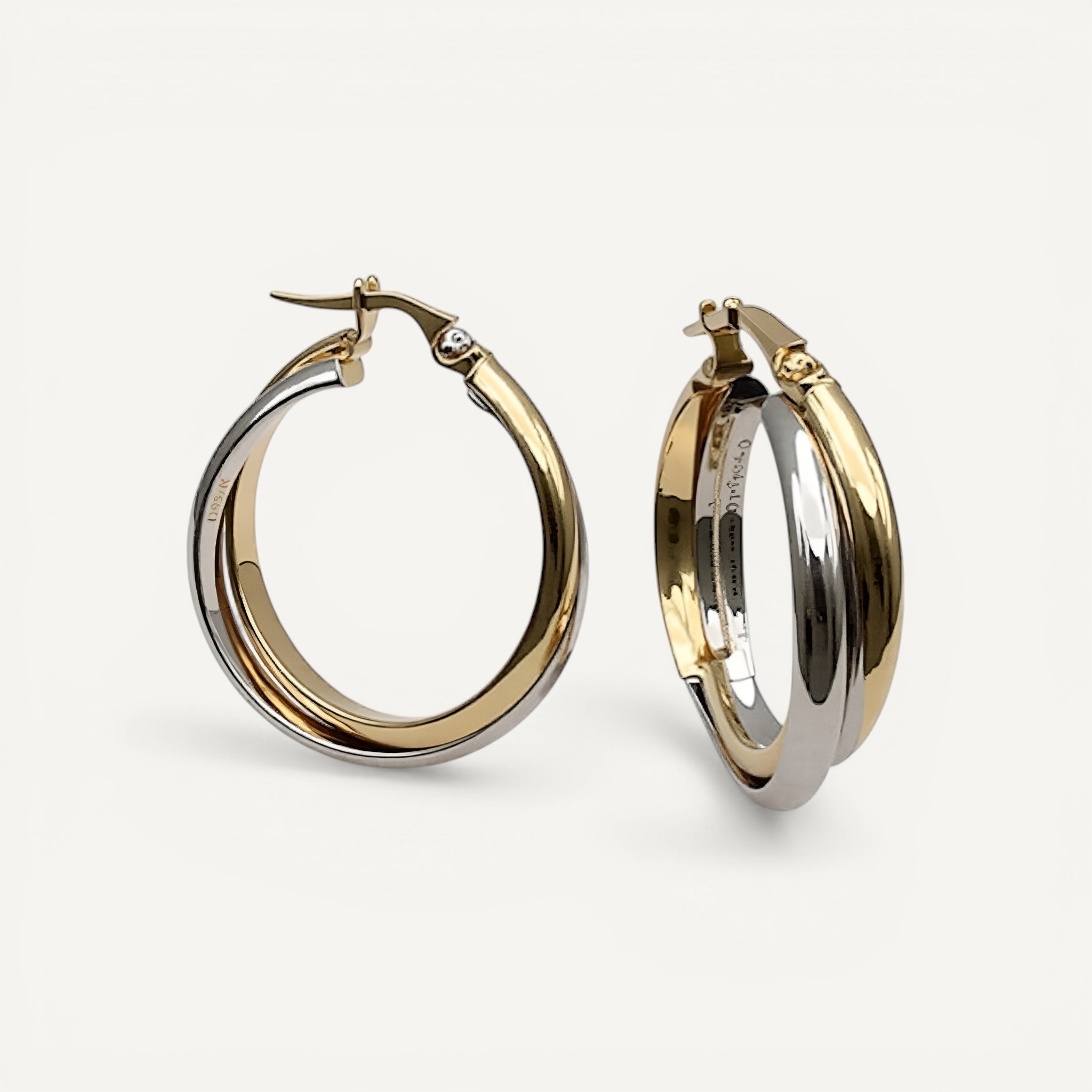 10K Yellow Gold Trinity Swirl Hoop Earrings - tri-tone intertwined 23mm hoops