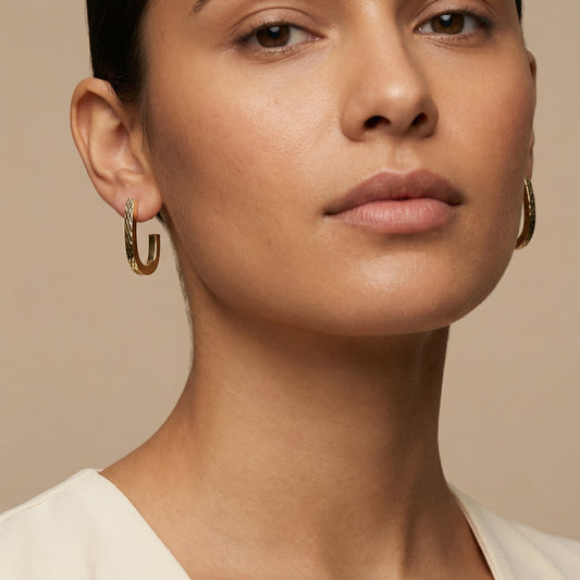 10K Yellow Gold Vectra Facet Hoop Earrings worn - lifestyle image
