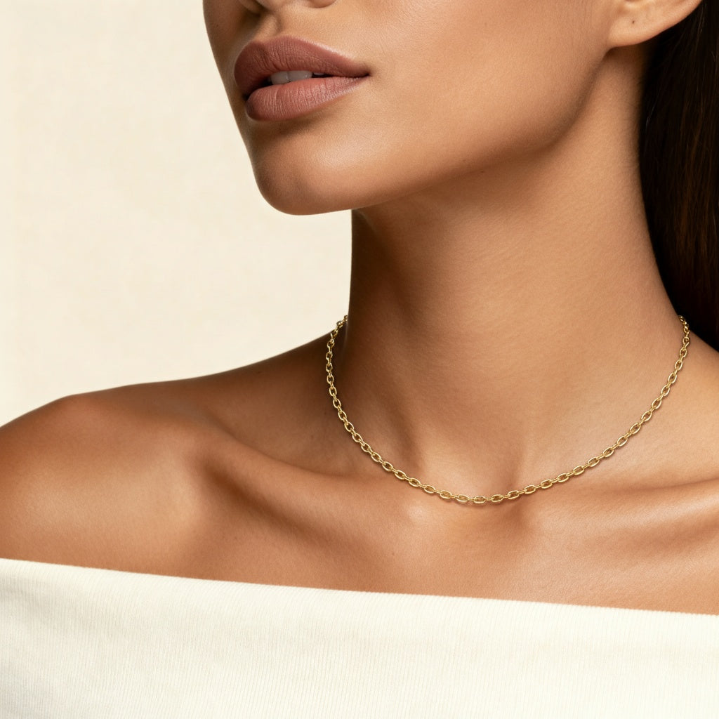 10K Yellow Gold Vero Graceful Oval Cable Chain Necklace worn - lifestyle image