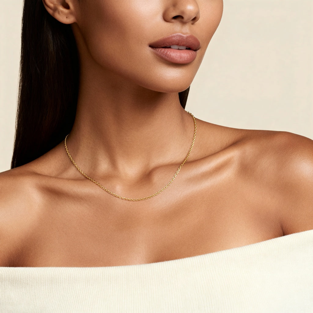 10K Yellow Gold Vero Petite Oval Cable Chain Necklace worn - lifestyle image
