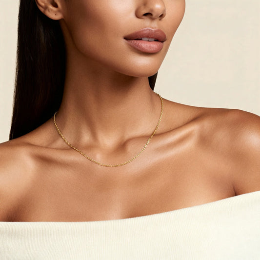 10K Yellow Gold Vero Petite Oval Cable Chain Necklace worn - lifestyle image