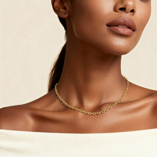 10K Yellow Gold Vero Timeless Oval Cable Chain Necklace worn - lifestyle image