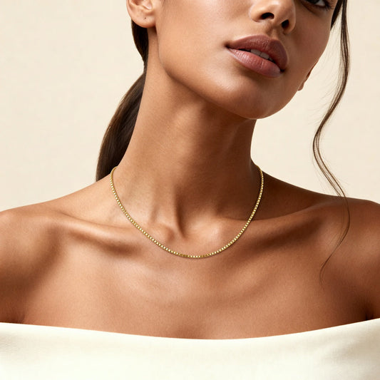 10K Yellow Gold Verve Graceful Box Chain Necklace worn - lifestyle image