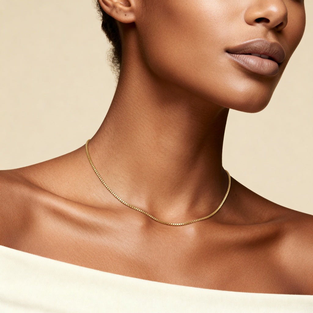 10K Yellow Gold Verve Petite Box Chain Necklace worn - lifestyle image