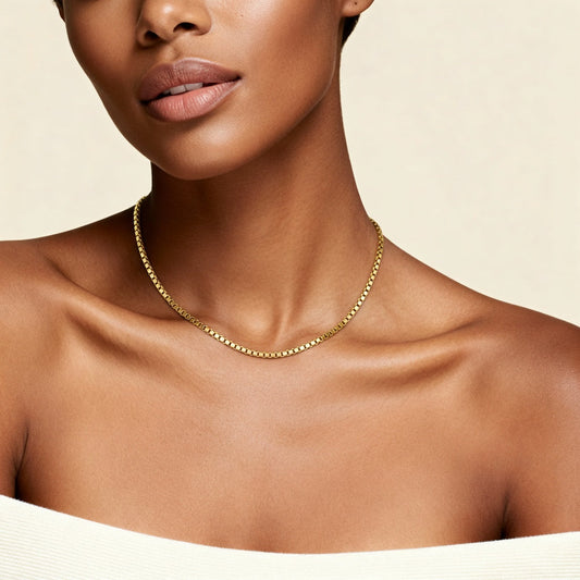 10K Yellow Gold Verve Prominent Box Chain Necklace worn - lifestyle image