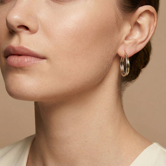 10K Yellow Gold Zenith Embrace Hoop Earrings worn - lifestyle image