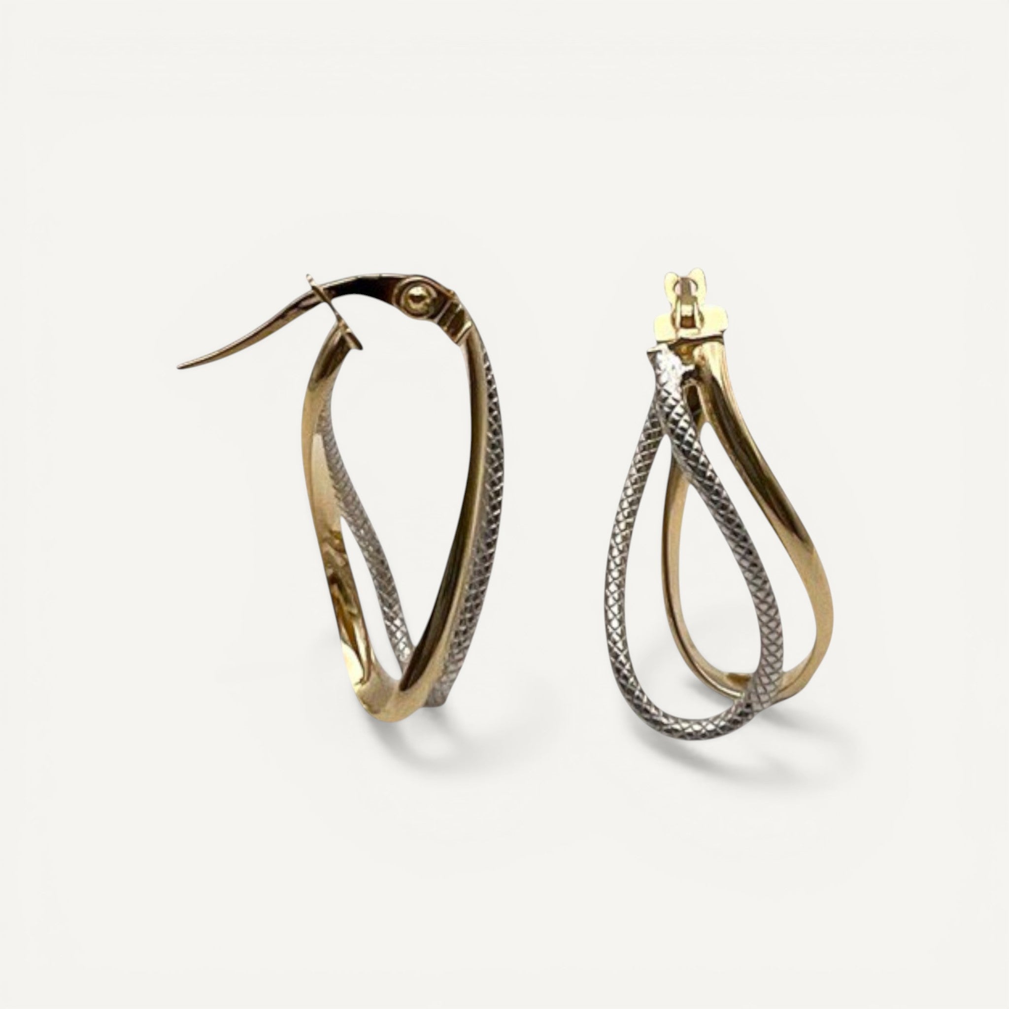 10K Yellow Gold Zephyr Twist Hoop Earrings - two-tone twisted teardrop design