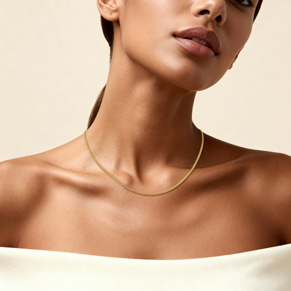 10K Yellow Gold Arbor Graceful Wheat Chain Necklace worn - lifestyle image
