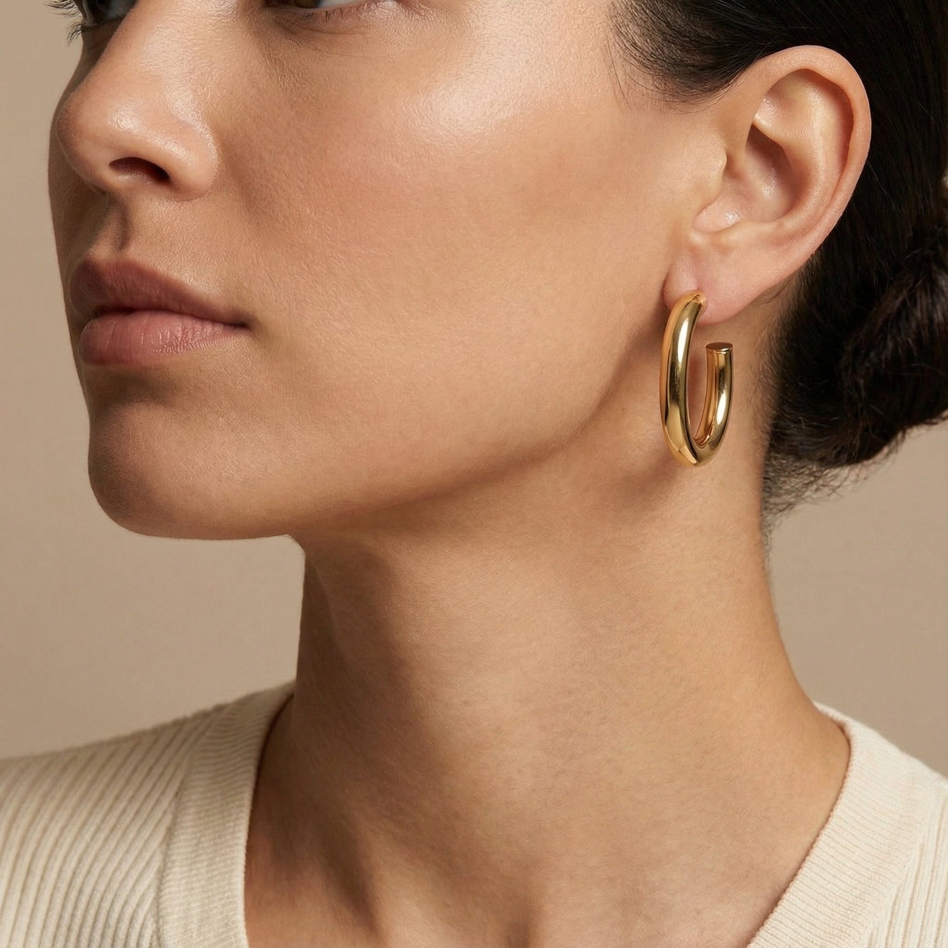 10K Yellow Gold Auric Crescent Hoop Earrings worn - lifestyle image
