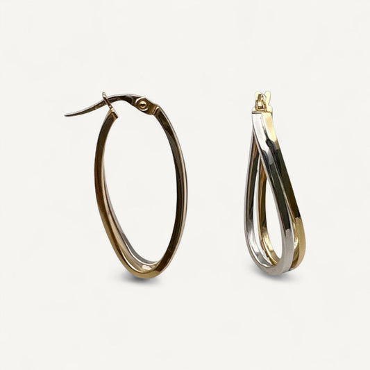 10K Yellow Gold Cadence Interlace Hoop Earrings - two-tone intertwined oval design