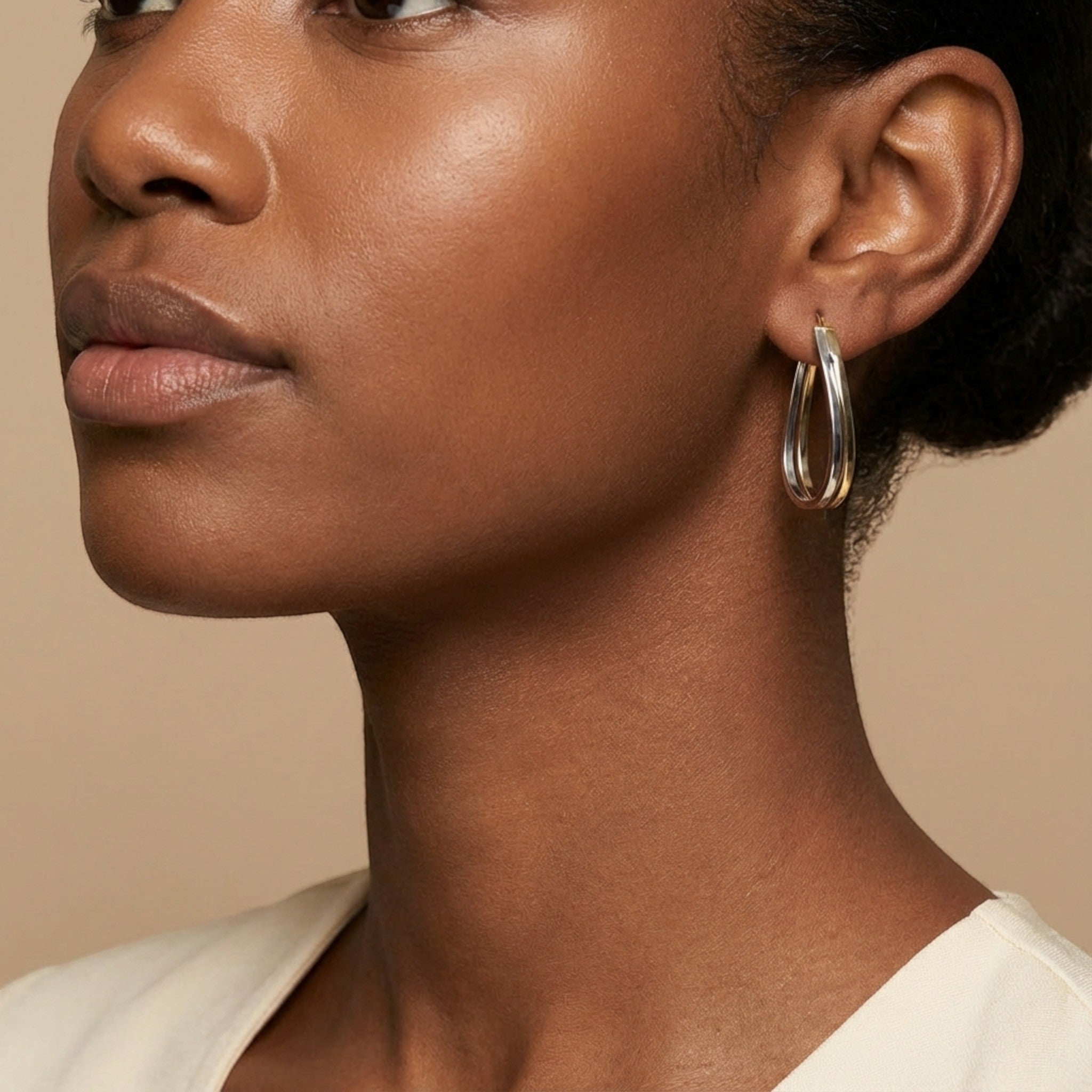 10K Yellow Gold Cadence Interlace Hoop Earrings worn - lifestyle image