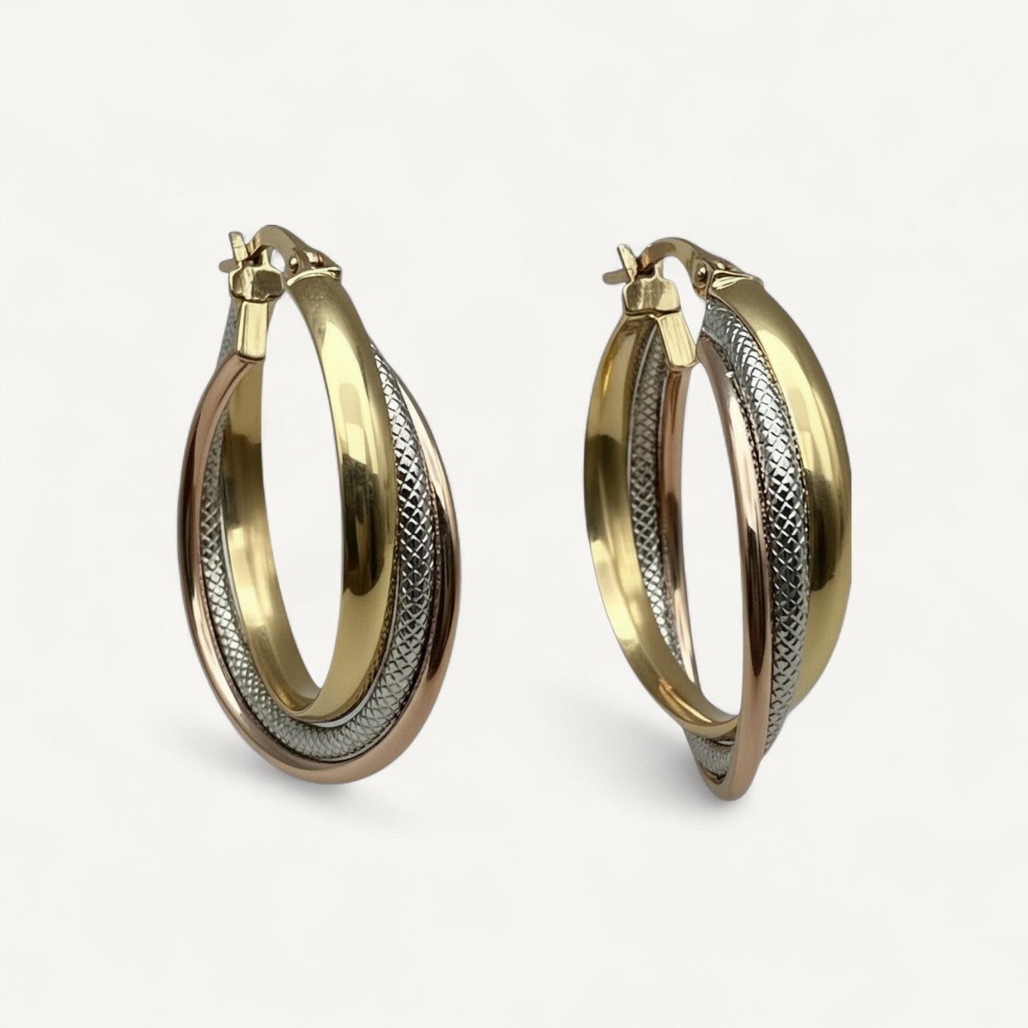 10K Yellow Gold Chroma Coil Hoop Earrings - tri-tone intertwined mesh design