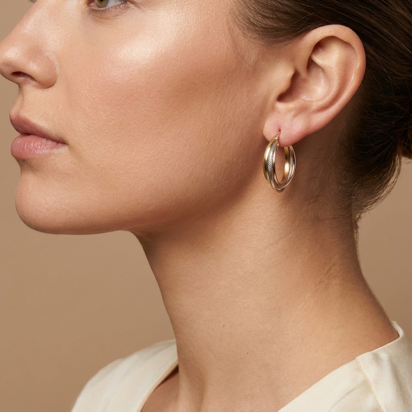 10K Yellow Gold Chroma Coil Hoop Earrings worn - lifestyle image