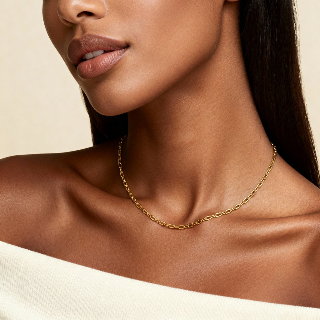 10K Yellow Gold Forma Signature Rectangular Cable Chain Necklace worn - lifestyle image