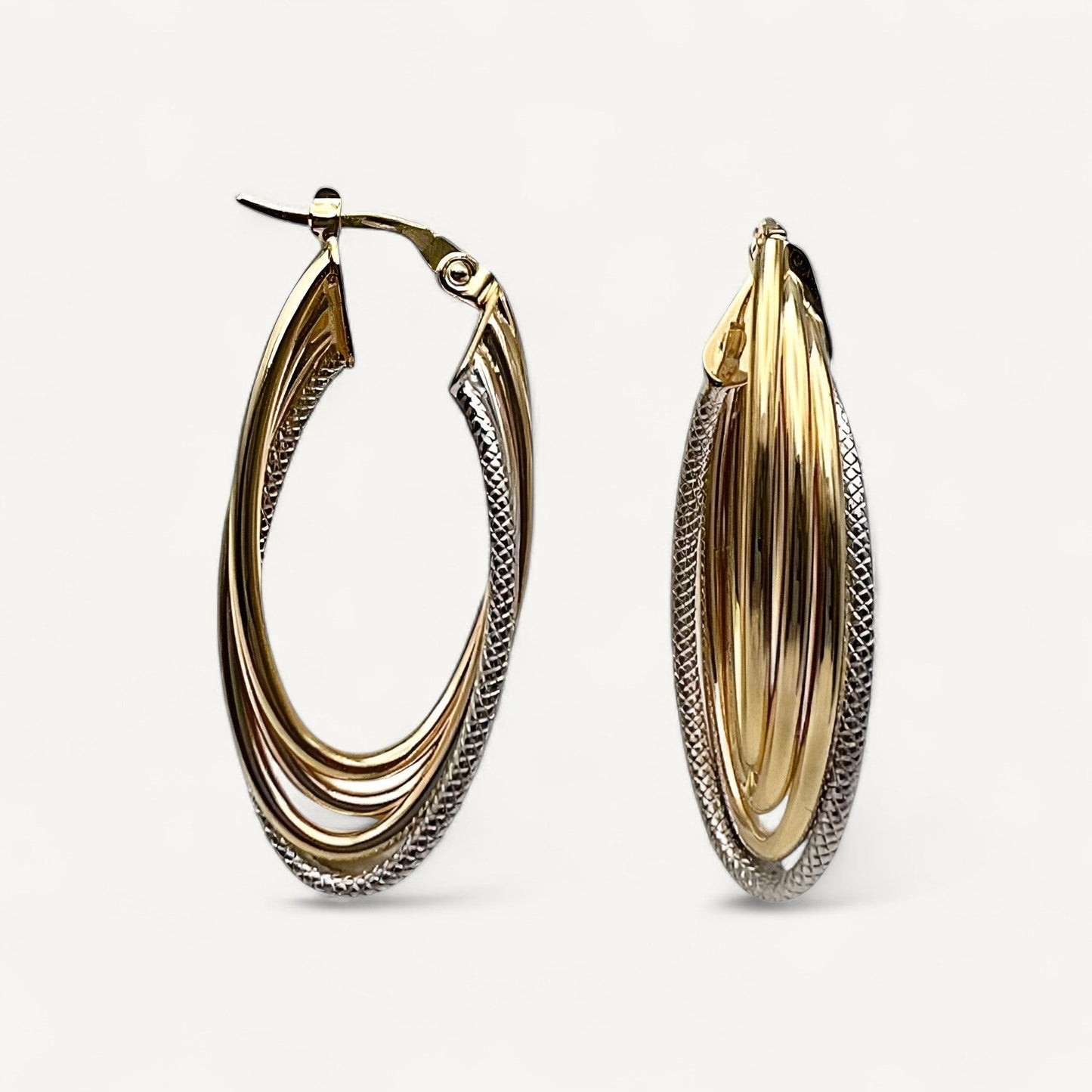 10K Yellow Gold Grandeur Strand Hoop Earrings - two-tone woven oval design