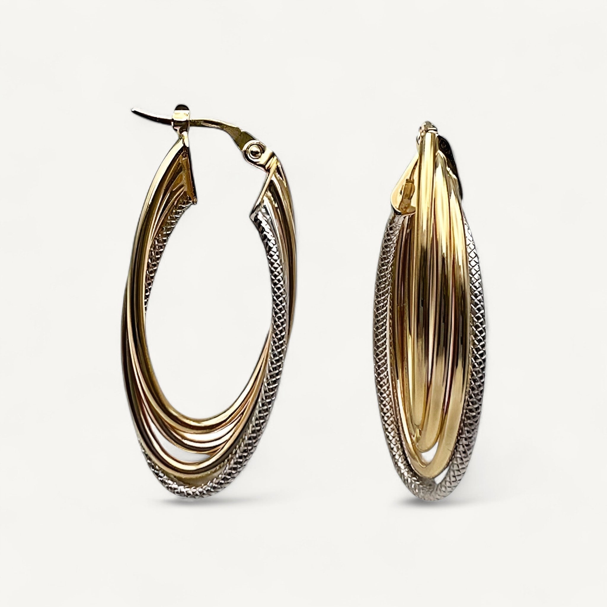 10K Yellow Gold Grandeur Strand Hoop Earrings - two-tone woven oval design