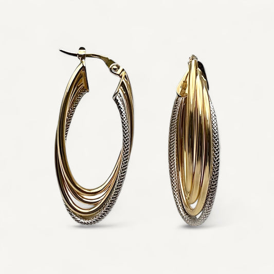10K Yellow Gold Grandeur Strand Hoop Earrings - two-tone woven oval design