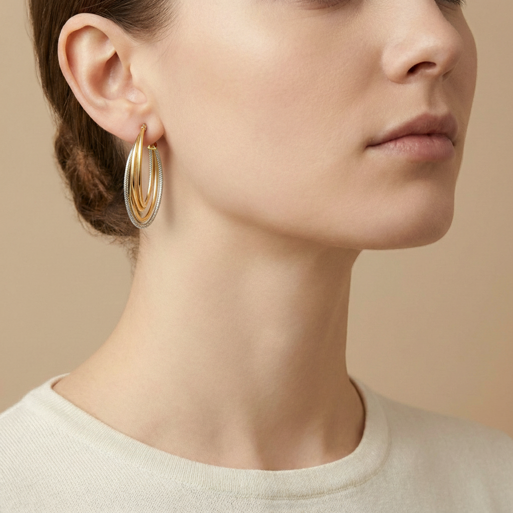 10K Yellow Gold Grandeur Strand Hoop Earrings worn - lifestyle image