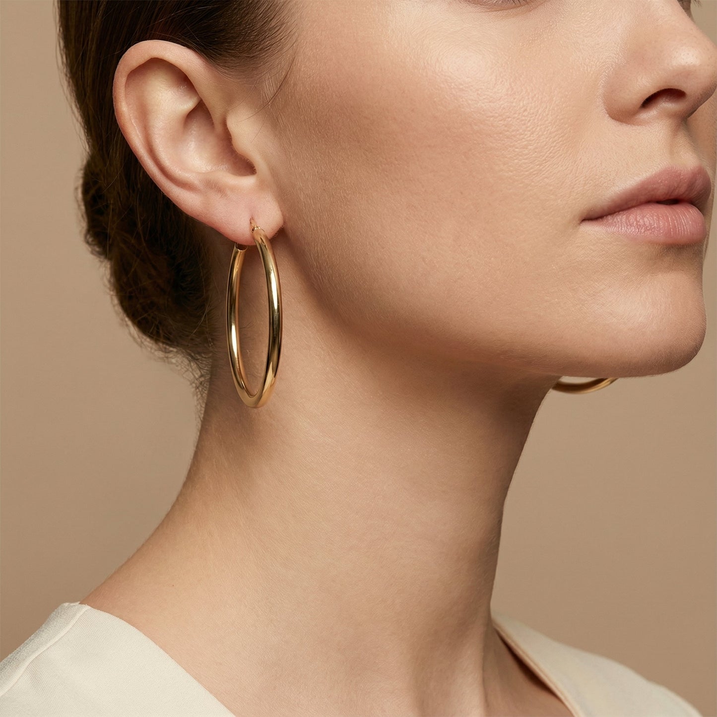 10K Yellow Gold Lumina Radiance Hoop Earrings worn - lifestyle image