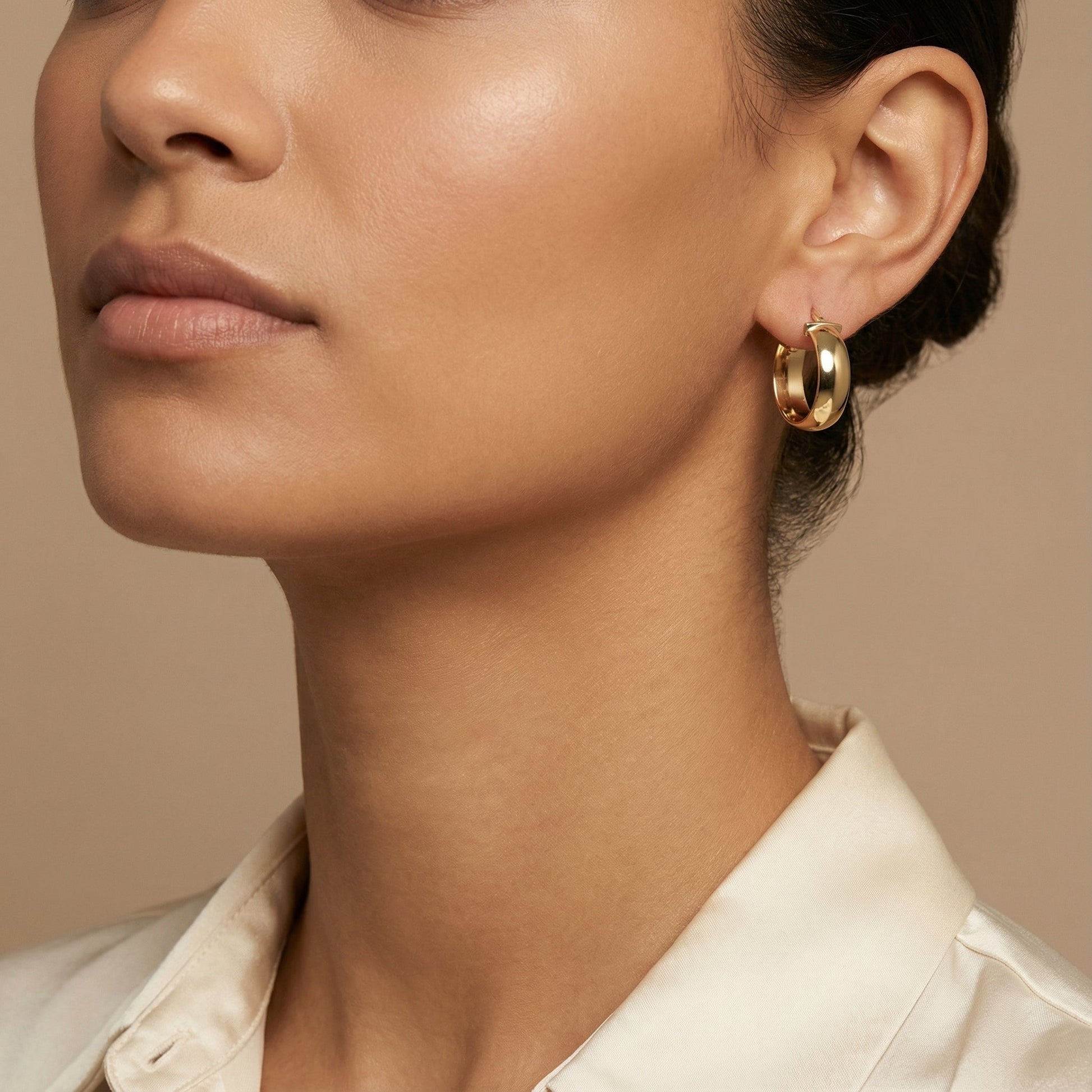 10K Yellow Gold Lustre Loop Hoop Earrings worn - lifestyle image