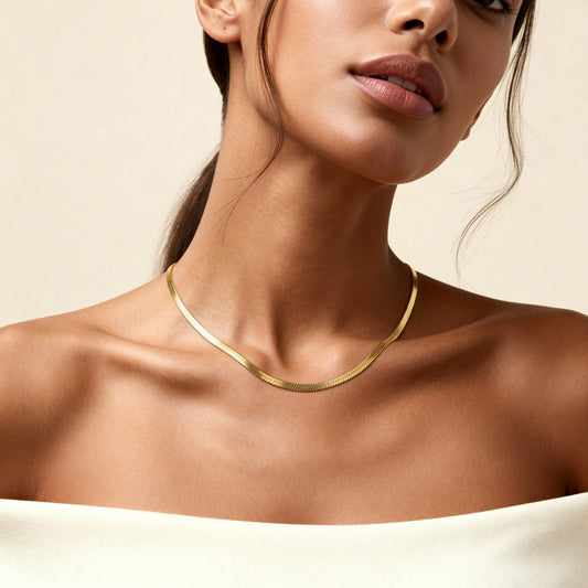 10K Yellow Gold Lux Majestic Herringbone Chain Necklace worn - lifestyle image