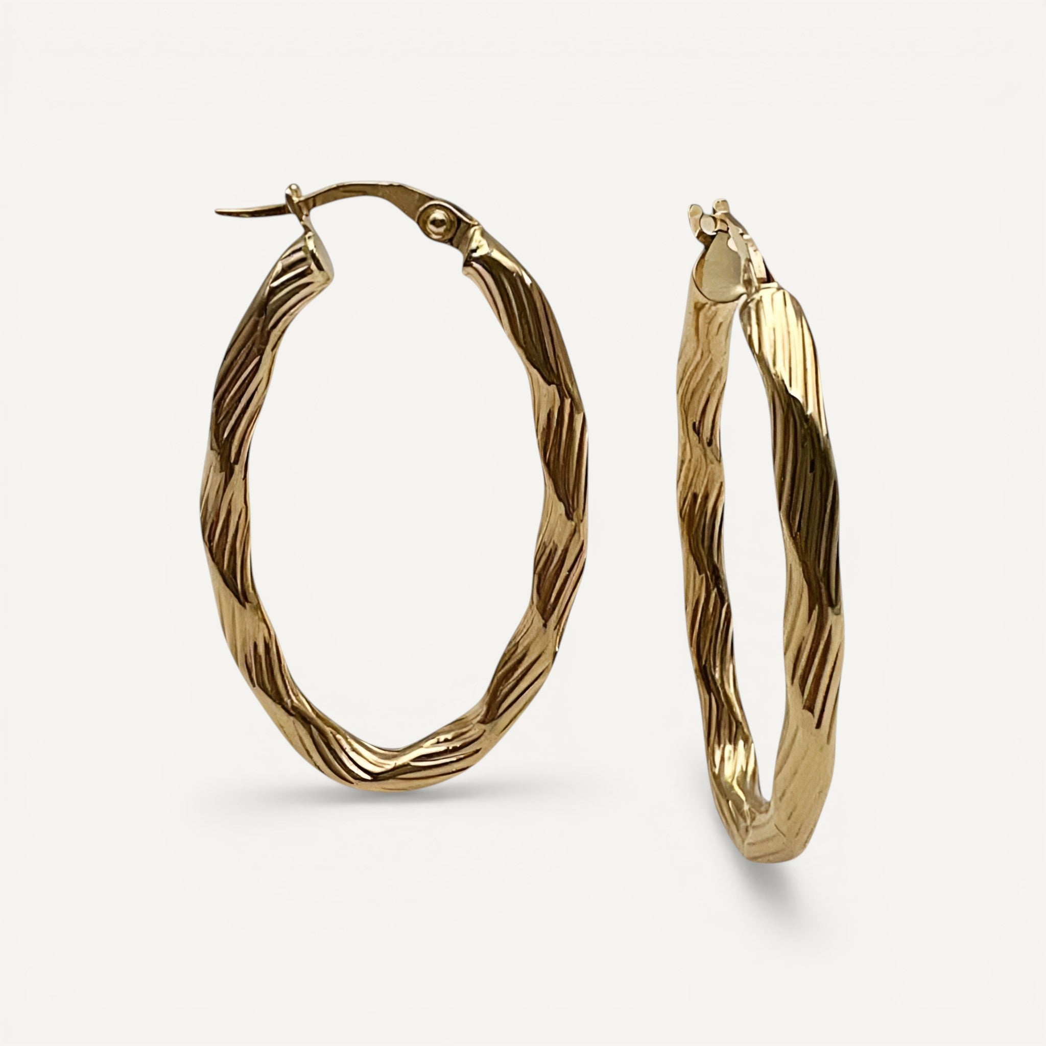 10K Yellow Gold Meridian Ripple Hoop Earrings - wavy ribbed texture design