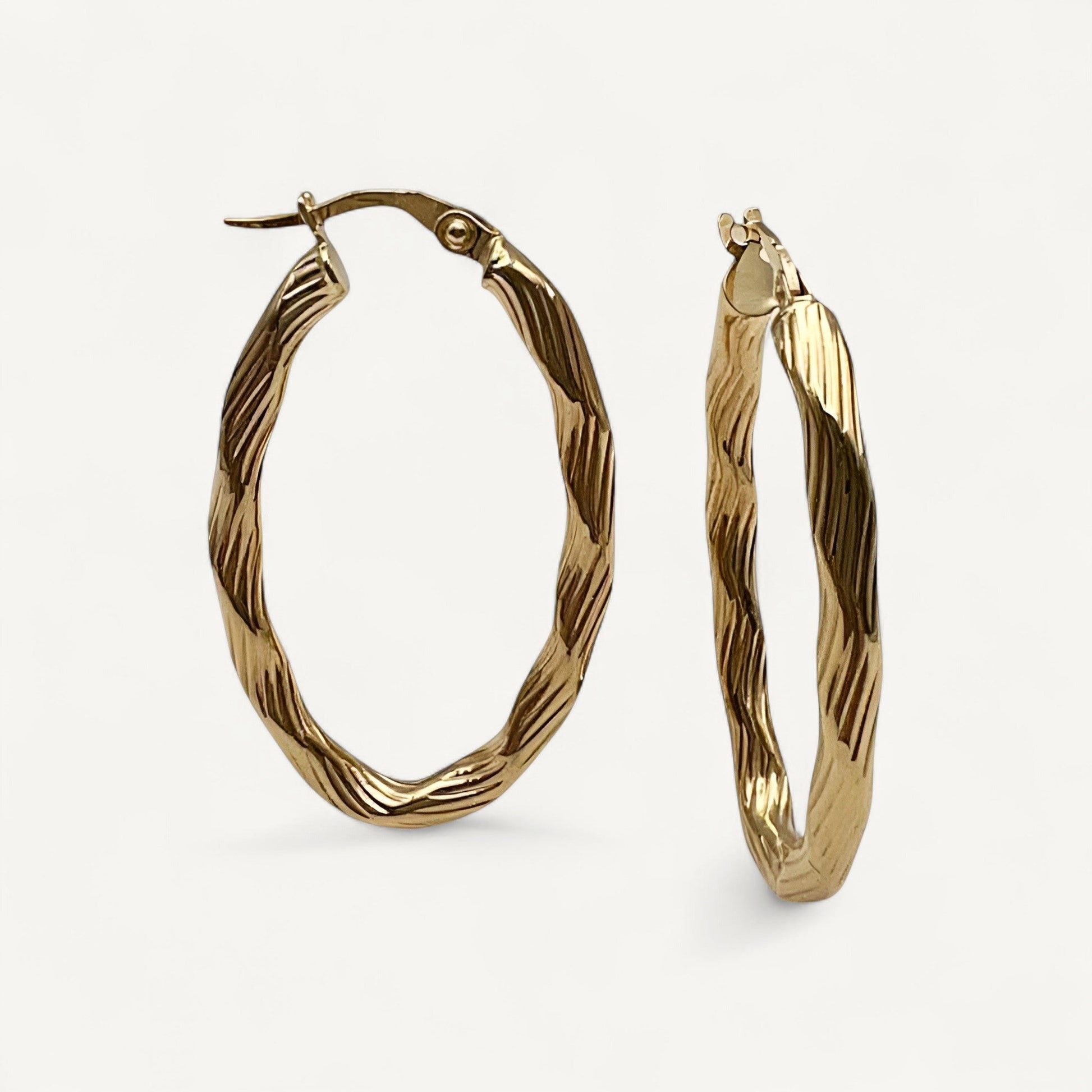 10K Yellow Gold Meridian Ripple Hoop Earrings - wavy ribbed texture design