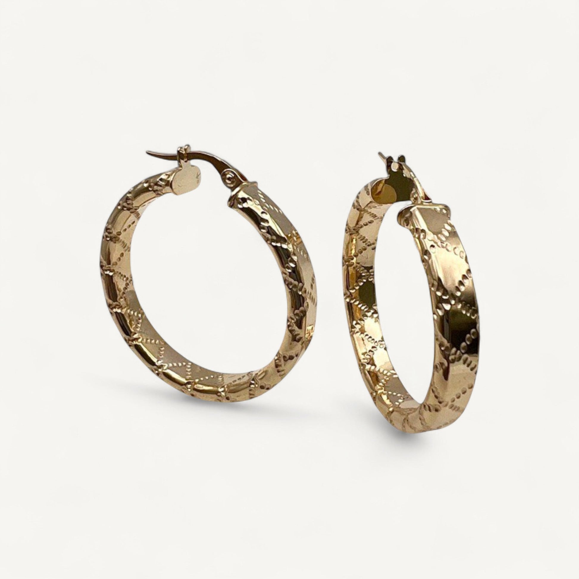 10K Yellow Gold Nexus Aura Hoop Earrings - intricate textured 30mm hoops