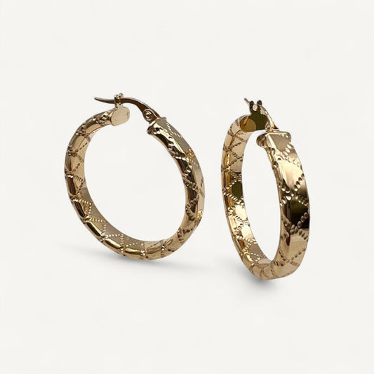 10K Yellow Gold Nexus Aura Hoop Earrings - intricate textured 30mm hoops